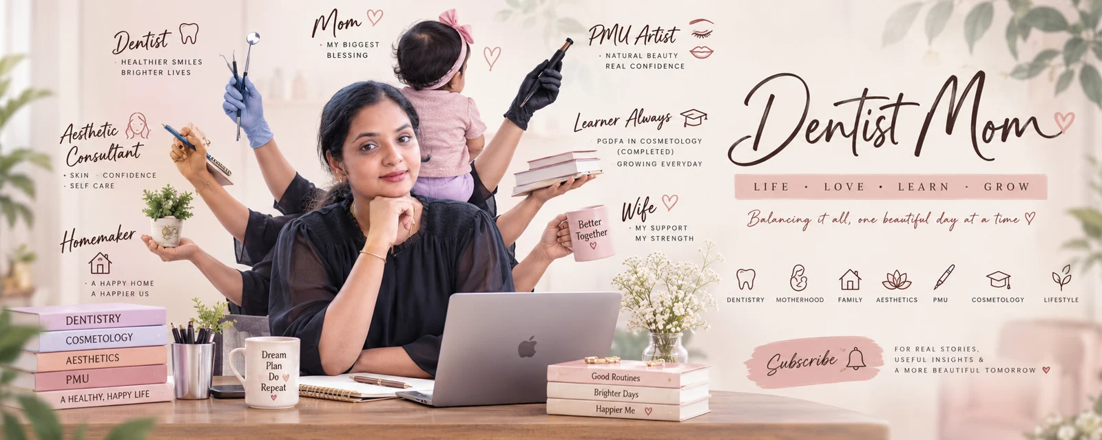 Illustrated collage of Dr. Varshini’s roles in dentistry, PMU and family life